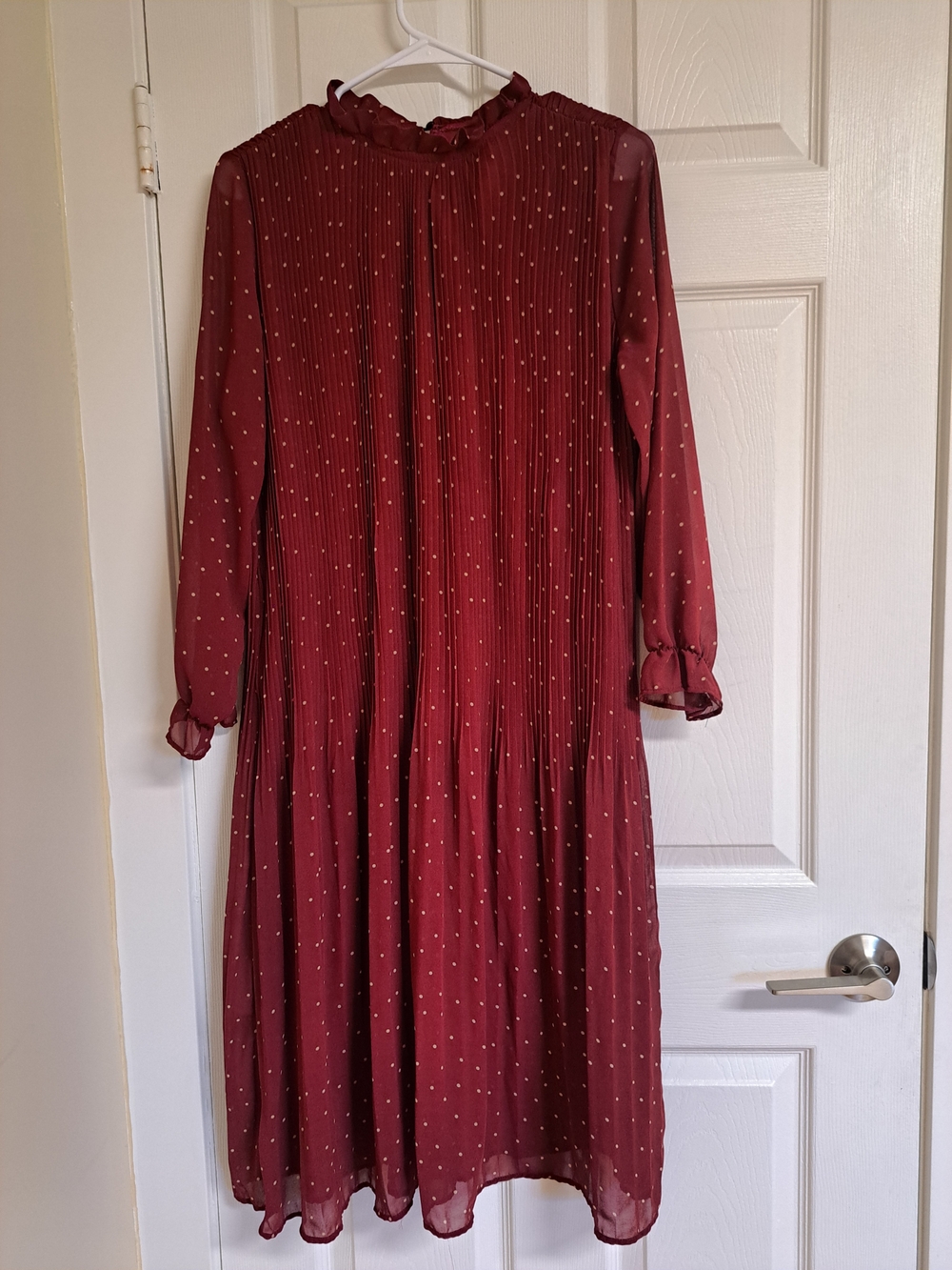 Women's Burgundy Long Sleeve Midi Dress with Gold Dot Detail